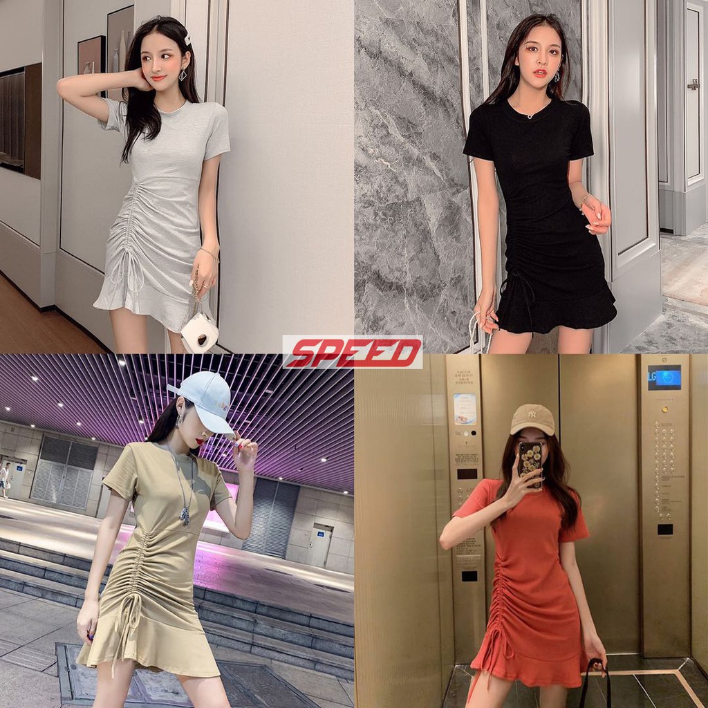 #8902 ชุดเดรสแขนสั้น Drawstringด้านข้างสีทึบทุกการแข่งขันสาวน่ารัก สลิมฟิตแขนสั้นชุดเล็ก ฤดูร้อนของผู้หญิง