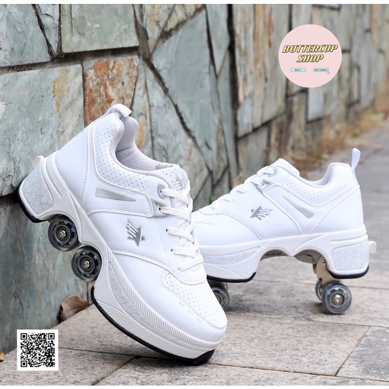 Agloat skate shoes รอบเท้าผ้าใบ มีล้อ พับได้ สีขาว