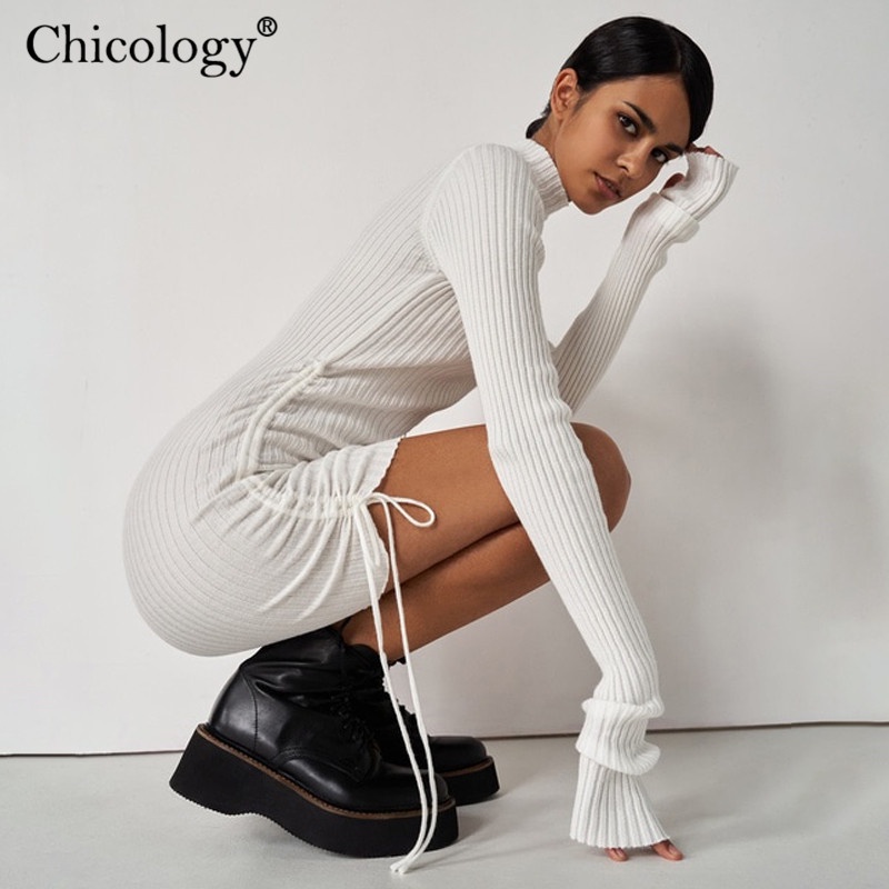 Chicology Long Sleeve Sweater Dress Mini Bodycon Sexy Outfits Women 2020 Winter Fall Elegant Fashion Clothes Party Club
