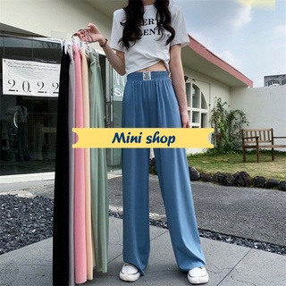 Mini shop🌸พร้อมส่ง🌸 (61573) กางเกงขายาวไหมพรม ผ้าร่องนิ่มใส่สบาย เอวสม๊อคทรงกระบอกใหญ่