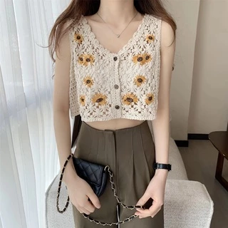 Cicishop(Q35) Crochet Top 🌻 เสื้อครอปถัก โครเชต์ลายทานตะวัน คิ้วท์ๆสไตล์เกาหลี