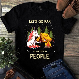 เสื้อยืด ผ้าฝ้าย แบบนิ่ม ทรงหลวม พิมพ์ลายยูนิคอร์น LetS Go Far Away From People สําหรับตั้งแคมป์Size S-5XL