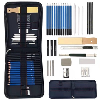 (ส่งจากไทย) ชุดดินสอวาดรูป รวม 33ชิ้น Sketch Pencil Set ดินสอกราไฟท์12ชนิด ดินสอถ่าน3ชนิด แถมกระเป๋า ยางลบ มีดเหลาดินสอ