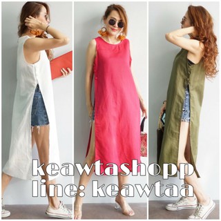 *แจกโค้ดลดหน้าร้าน* เดรสลินินผ่าข้าง กระดุมข้าง ไซส์ใหญ่ kaewtashop