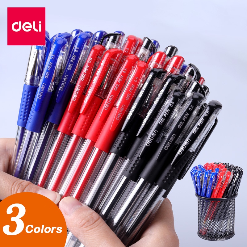 Deli 0.5 มม. ปากกาเจล สีดํา แดง น้ําเงิน หมึกเจล ปากกาเขียน เครื่องมือปากกา สําหรับนักเรียน สํานักงาน อุปกรณ์