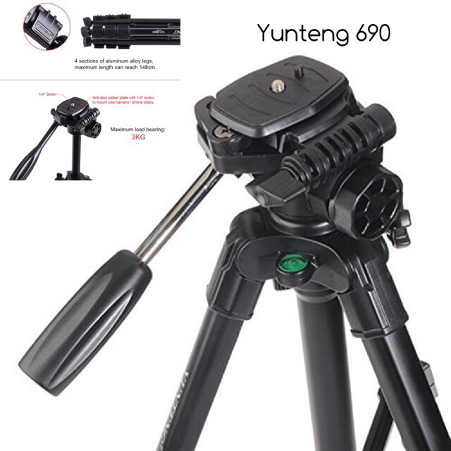 YUNTENG Original ชุด ขาตั้งกล้อง พร้อมรีโมทบลูทูธในตัว หัวต่อมือถือ รุ่น Yunteng VCT-690 (Black)