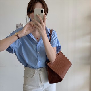 🍑พร้อมส่ง เสื้อเชิตแขนสั้นคอปกสีพื้น มี2สี