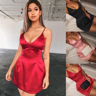 Womens solid color mini Dresses slim red casual Backless satin Sleeveless Sexy Retro Ladies Dress Fashion women Clothes