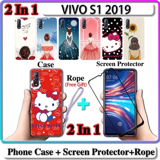 2 IN 1 เคส VIVO S1 2019 เคส พร้อมกระจกนิรภัยโค้ง ป้องกันหน้าจอเซรามิค สําหรับเด็กผู้หญิง และคิตตี้