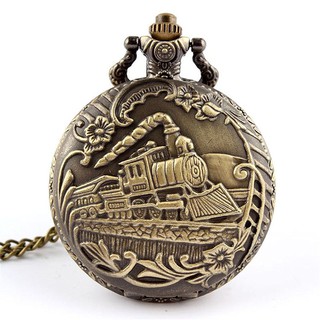 sunnyheart Unisex Antique Case Vintage เข็มกลัดทองเหลืองรูปแบบรถไฟ Chain Quartz Pocket Watch