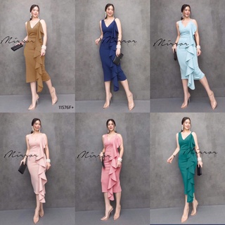 ME11576 Dress เดรสแขนกุดสายเดี่ยว 1 ข้าง ผ้าซาร่าเงา แต่งระบายคลีบปลาย้วยๆ ดูมีเทคเจอร์ สวยมีซิปหลัง