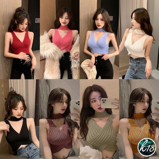K18💜Korean เสื้อพรมคอวีลึก อกไขว้ 8 สี