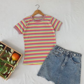 🌈เสื้อยืดลายริ้วพาสเทล 4สี: ชมพู เหลือง น้ำตาล ฟ้า