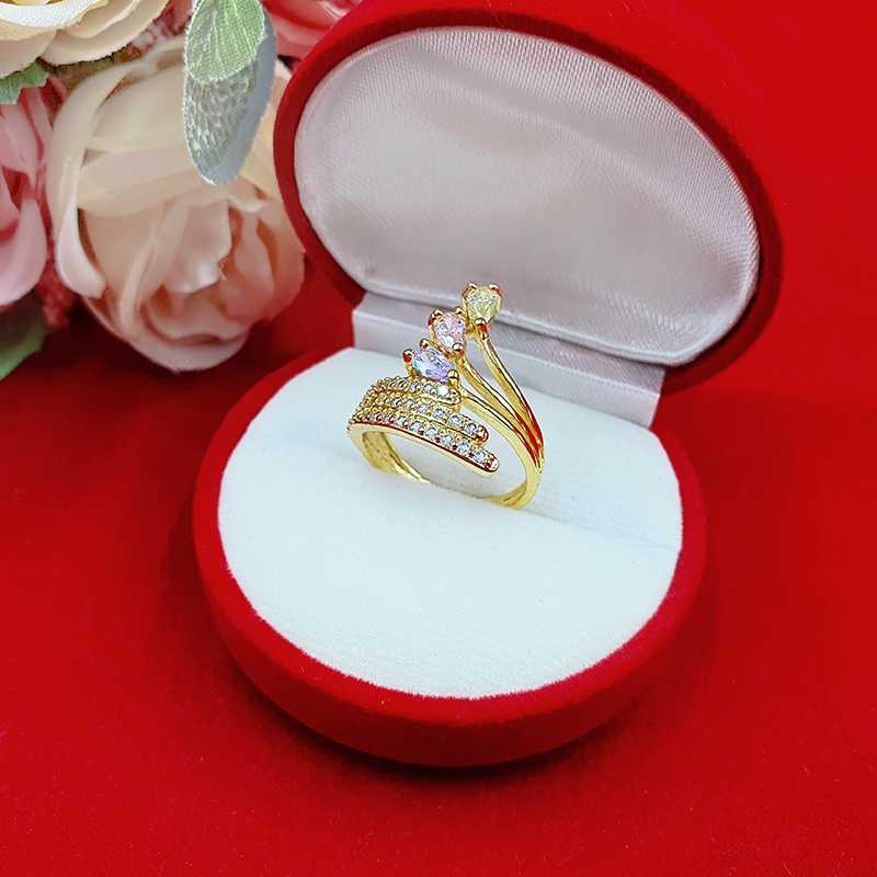 แหวนทองฝังเพชรและพลอยสามสี แหวนแฟชั่น เครื่องประดับ แหวนทองเหลืองแท้