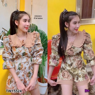 👗Pfashion [ส่งไว!!🚛] P15524 Set 2 ชิ้น เสื้อคอปกบัวแขนยาวลายดอกไม้ + กางเกงขาสั้นลายดอกไม้