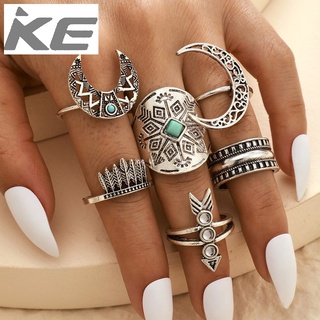 totem leaf moon arrow ring 6-piece set Exaggerated alloy hollow horn ring for girls for women