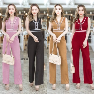 17571 Jumpsuit จั๊มสูทแขนกุดขายาว แต่งลูกไม้ขาว Long sleeveless jumpsuit with white lace trim