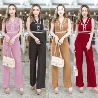 J17571 Jumpsuit จั๊มสูทแขนกุดขายาว แต่งลูกไม้ขาว Long sleeveless jumpsuit with white lace trim