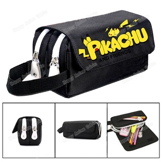 Pokemon กระเป๋าดินสอความจุขนาดใหญ่ Pikachu กระเป๋าเครื่องเขียนผ้าใบสีดำนักเรียนกล่องดินสอ