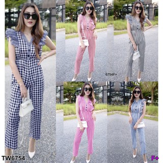 J6754 จั้มสูท ลายสก๊อต ขายาว คอวี Plaid jumpsuit, long sleeve, V-neck