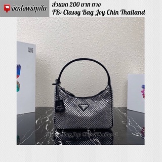 [งานออ ริ]🔥พร้อมส่ง ปรา ด้า คริสตัล  nylon mini-bag with crystals สีดำ 22cm.🔥ภาพถ่ายงานจริงทุกภาพค่ะ