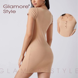 เดรส เดรสสายฝอ สีชานม  Glamorestyle