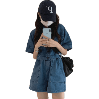 Chuuchop_พร้อมส่ง(C7335) 🛵🧯 MUSHROOM denim set ชุดเซ็ต เสื้อเชิ้ตครอปแขนสั้นและกางเกงขาสั้นผ้ายีนส์