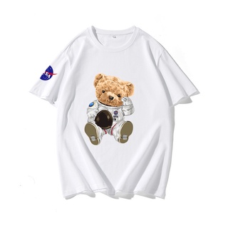 คอลูกเรือเสื้อยืดแขนสั้น ผ้าฝ้าย ทรงหลวม ลาย NASA co branded bear แฟชั่นฤดูร้อน สไตล์ยุโรป สําหรับผู้ชาย และผู้หญิงS-5XL