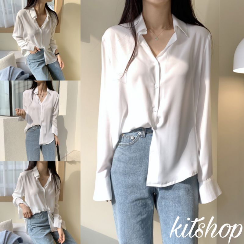 KT01 เสื้อเชิ้ตสีขาว เสื้อเชิ้ตคอปก เสื้อเชิ้ตแขนยาว มีกระดุมด้านหน้า เนื้อผ้าไหมอิตาลี สวมใส่บางเบา ไม่ยับระหว่างวัน