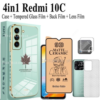 4in1 เคสชุบ บางพิเศษ ทรงสี่เหลี่ยม ใบเมเปิ้ล Redmi 10C Redmi note 11 PRO 10 PRO 9C 10A POCO X4 PRO X3 NFC เซรามิค เคลือบด้าน กระจกนิรภัย + ฟิล์มด้านหลัง + ฟิล์มป้องกันเลนส์