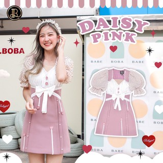 BLT BRAND การันตีเสื้อผ้าแบรนด์แท้ มินิเดรส สีชมพูอกสีขาวแขนลายจุด DAISY PINK