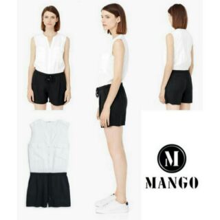 MANGO B&amp;W Jumpsuit จั๊มสูทกางเกงขาสั้นสีขาวดำ แขนกุด เอวจั้ม มีเชือกปรับขนาดเอว ทรงสวย สีทูโทน