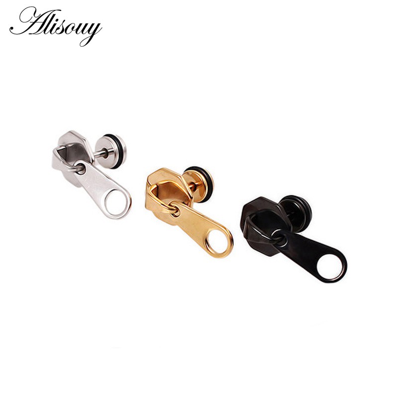 Alisouy 2PCS ซิปซิป Punk Rock สไตล์ปลั๊กอุดหู Barbell Bar ผู้ชายสกรูสตั๊ดต่างหูเครื่องประดับ