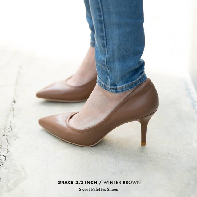 รองเท้าส้นสูง คัชชู หนังแท้ size 37 สูง 3.2 นิ้ว สีน้ำตาล Winter Brown รุ่น Grace แบรนด์ Sweet Palettes Shoes มือ2