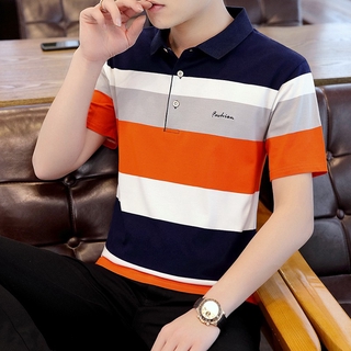 Polo shirt เสื้อโปโลแขนสั้นผู้ชายฤดูร้อนแขนสั้นผ้าฝ้ายบางลายทางธุรกิจเสื้อโปโลปก