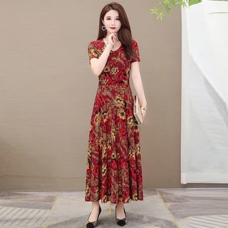พร้อมส่งในไทย เดรสสตรีสวยหรูเนื้อผ้าเรียบๆใส่สบาย แฟชั่นวินเทจลายผสมผสานเดรสยาวกระโปรงทรงซ้อนสวยมาก
