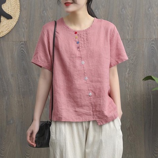 เสื้อผ้าแฟชั่นผู้หญิง  เสื้อเชิ๊ต ผ้าฝ้ายและผ้าลินิน พลัสไซส์ แขนสั้น ทรงหลวม สไตล์เกาหลี