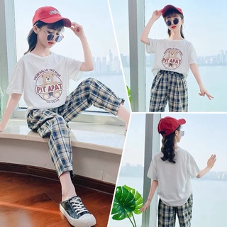 💖Children💖เสื้อผ้าเด็ก สาว ชุดฤดูร้อน ใหม่ ฝ้าย แฟชั่นแขนสั้น + กางเกงขายาวเกาหลี