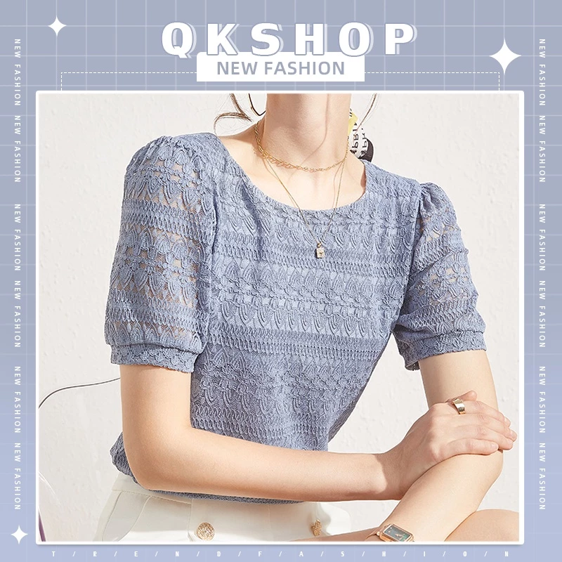 QKshop ✨เสื้อแฟชั่นคอกลมแขนตุ๊กตาแขนสั้น แต่งลายลูกไม้ทั้งตัว สีพื้น มีให้เลือกหลาหลายสี ใส่ได้ทุกวัย ใส่เที่ยวใส่ทำงานก