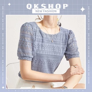 QKshop ✨เสื้อแฟชั่นคอกลมแขนตุ๊กตาแขนสั้น แต่งลายลูกไม้ทั้งตัว สีพื้น มีให้เลือกหลาหลายสี ใส่ได้ทุกวัย ใส่เที่ยวใส่ทำงานก