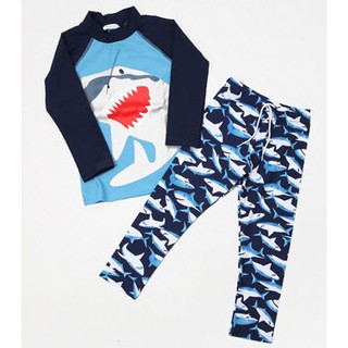 (S-XL)ชุดว่ายน้ำเด็กผู้ชาย Shark blue แขนขาว ขายาว # 17127