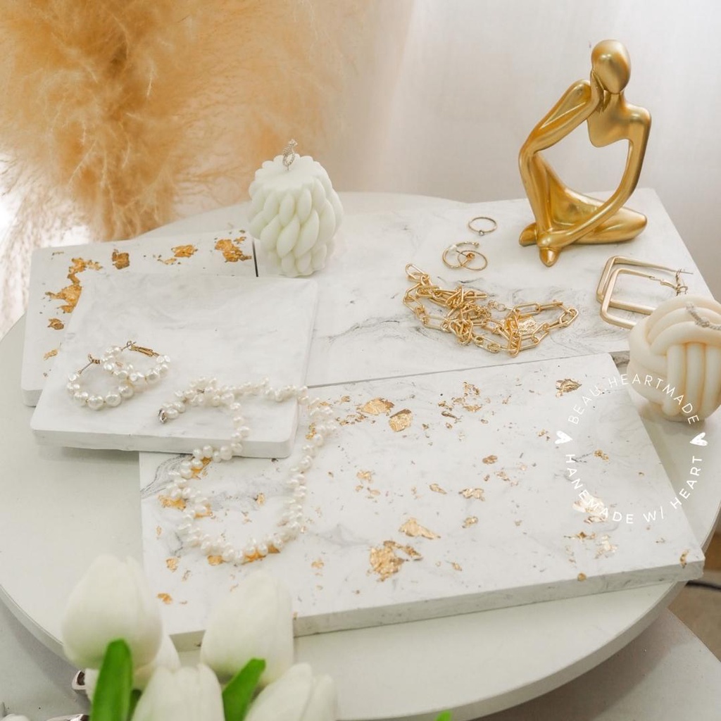 ถาดปูน จานปูน เรียบแบน(ไม่มีขอบ) ลายหินอ่อน (ใส่ทอง/ไม่ทอง) ถาดวางของ จานรองตกแต่งบ้าน จานรองเครื่องประดับ ของตกแต่งบ้าน - รูปที่ 6