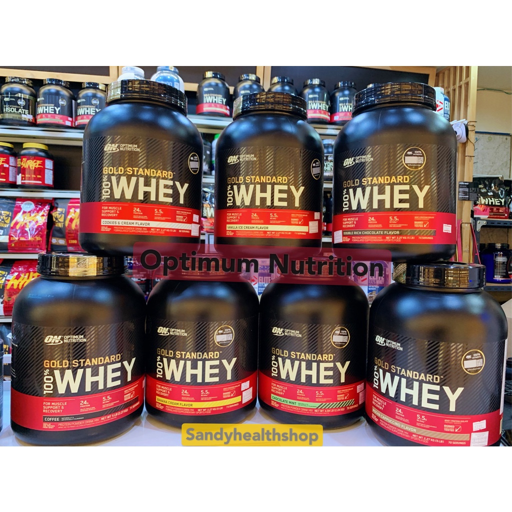 Optimum Gold Standard Whey Protein 5 Lbs. เวย์โปรตีน เพิ่มกล้ามเนื้อ ไขมันต่ำ ไม่หวาน 2.27กิโลกรัม