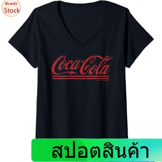 Illicit เสื้อยืดลำลอง Womens Coca-Cola Distressed Cursive Logo V-Neck T-Shirt Popular T-shirts