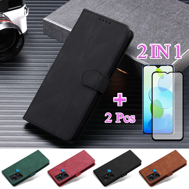 2 IN 1 Infinix Smart 6 Plus X6823C เคสหนัง กระเป๋าสตางค์ พร้อมฟิล์มกันรอยหน้าจอเซรามิค โค้ง