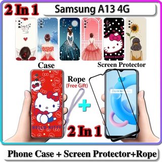 2 IN 1 เคส Samsung A13 4G เคส พร้อมกระจกนิรภัยโค้ง ป้องกันหน้าจอเซรามิค สําหรับเด็กผู้หญิง และคิตตี้