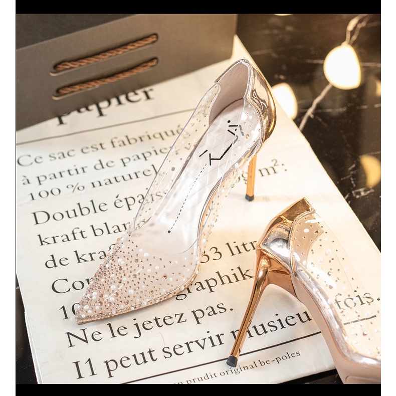 Banquet shoes 2022 new pointed toe high-heeled wedding shoes bow transparent stiletto sexy high-heeled shoe