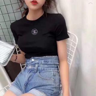 ☺ CHANEL_tops เสื้อยืดลําลองสตรีแขนสั้นสีดําขาว lyHmA
