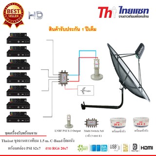 Thaisat 1.5M. C-Band ชุดจานดาวเทียมตะแกรงไทยแซท (ติดตั้งผนัง) +PSI S2 HD x7 พร้อมสาย RG6 20m.x7