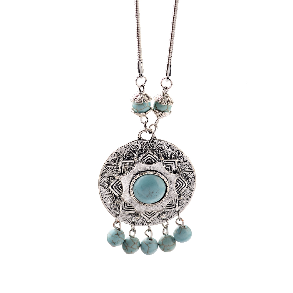 ชาติพันธุ์รอบดอกไม้แกะสลักสร้อยคอ Vintage ทิเบต Statement Turquoises พู่ Drop สร้อยคอผู้หญิงเครื่องประดับอินเดีย